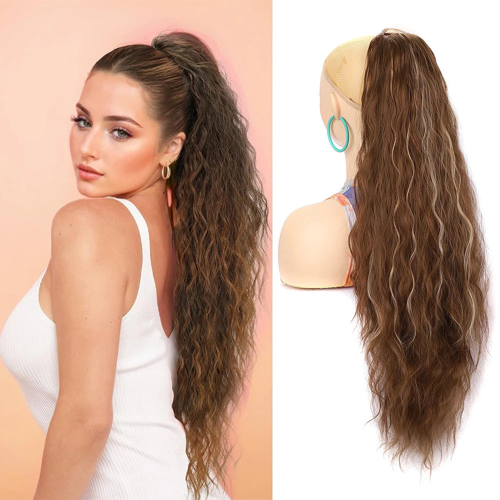 Ponytail Extension 30 Inch Extra Long Drawstring Wavy Curly Ponytails Black Brown Synthetic Fiber Fake Hair piece for Women