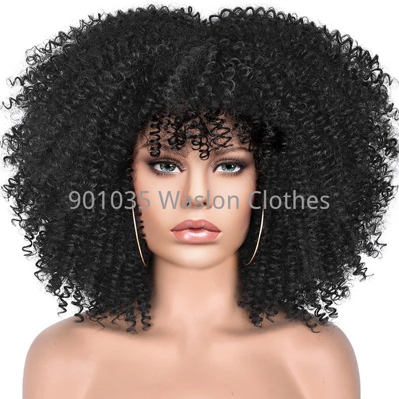 Short Afro Kinky Curly Wig With Bangs For Black Women Synthetic Ombre Glueless Colorful Wig Cosplay Party Halloween Wigs