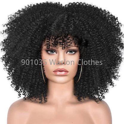 Short Afro Kinky Curly Wig With Bangs For Black Women Synthetic Ombre Glueless Colorful Wig Cosplay Party Halloween Wigs