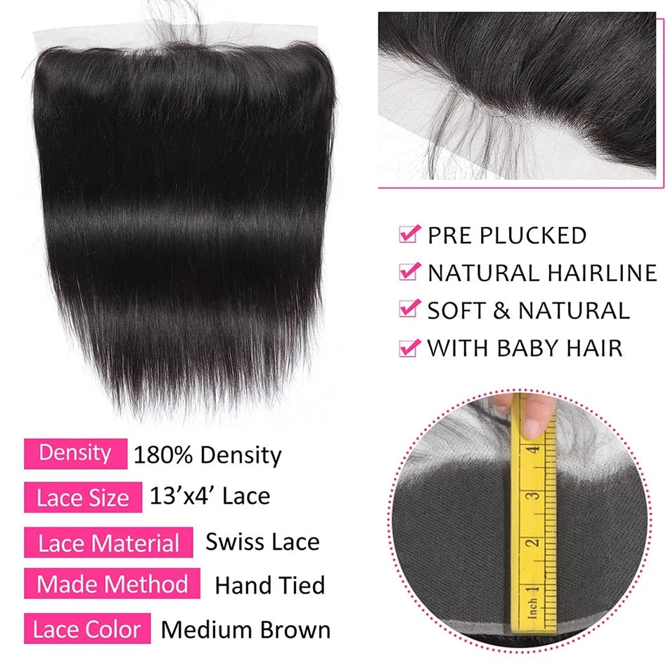 Brazilian Bone Straight Hair Bundles With Frontal Closure 100% Human Hair 3 Bundles With 13X4 Transparent Ear To Ear Lace Front