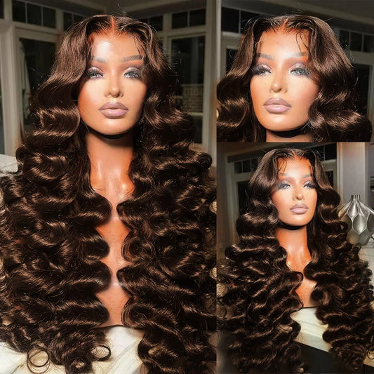 34 Inch Loose Deep Wave 13x4 HD Transparent Human Hair Wig 250 Density Brazilian Water Curly Nature Wave Lace Frontal Wigs Brown