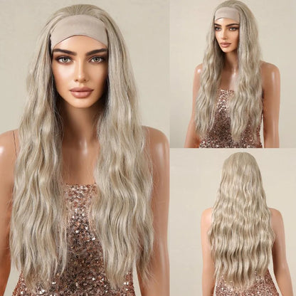Long Curly Headband Synthetic Wigs Natural Ash Blonde Long Women's Headband Wig Body Wave Bohemian Hair Wig For Women Daily Use