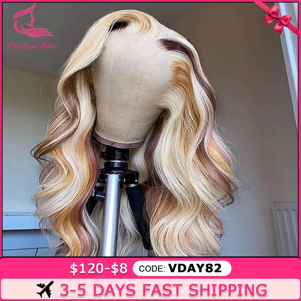 Full Lace Frontal Highlights 613 Brown Blonde Colored 13X4 HD Transparent Lace Front Wigs Body Wave Human Hair Wig For Women