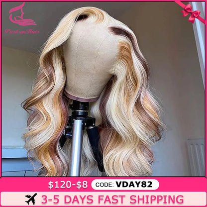 Full Lace Frontal Highlights 613 Brown Blonde Colored 13X4 HD Transparent Lace Front Wigs Body Wave Human Hair Wig For Women