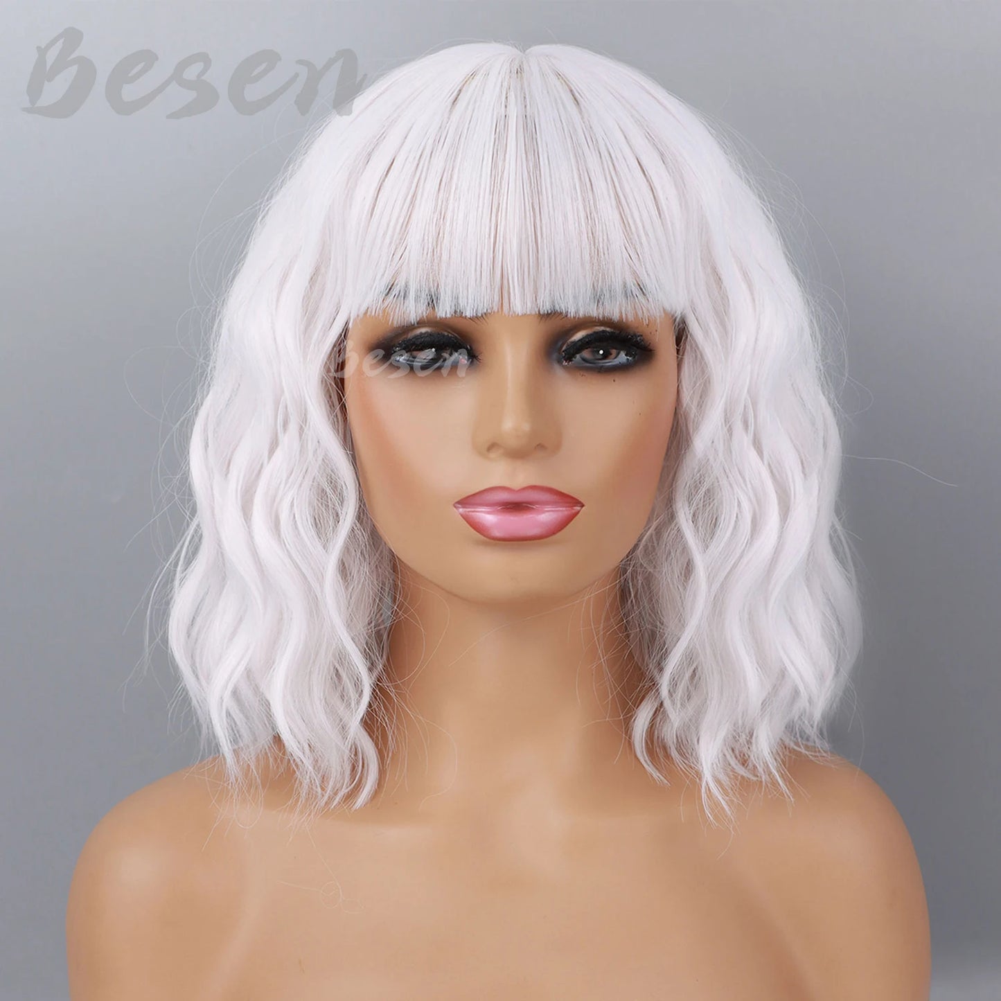 Synthetic Short Curly Bob Wig With Bangs for Women Wavy Shoulder Length Wig Short Water Wave Wig Daily Wear