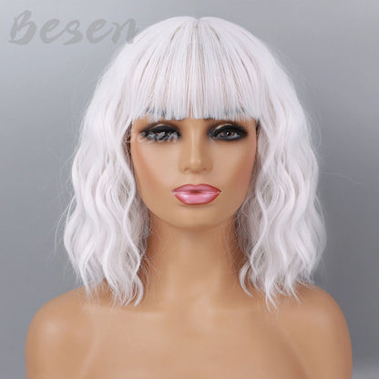 Synthetic Short Curly Bob Wig With Bangs for Women Wavy Shoulder Length Wig Short Water Wave Wig Daily Wear