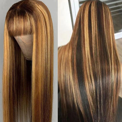 Malaysia Human Hair Wig With Bangs Ombre Highlight Brown Straight Hair Human Hair Wigs For Women 180D Wig Machine