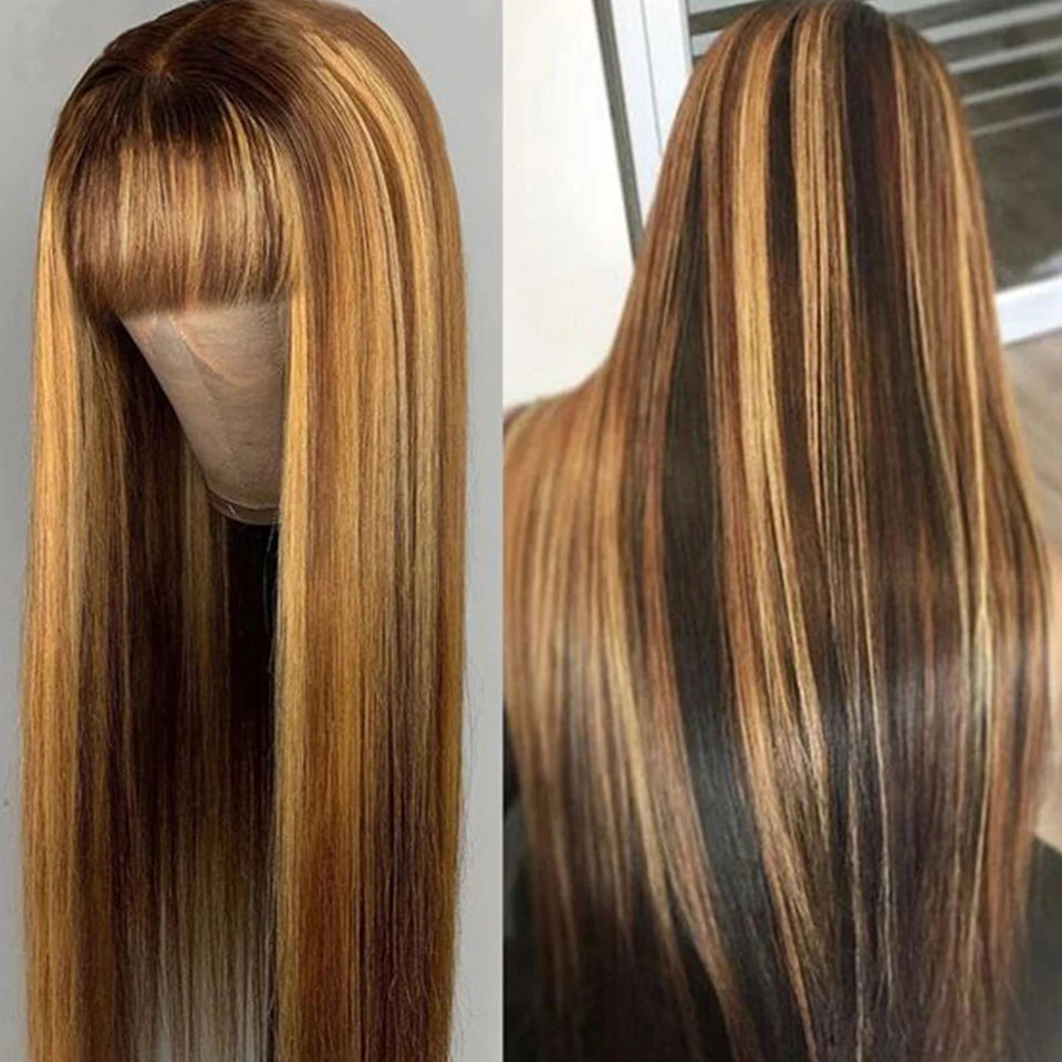 Malaysia Human Hair Wig With Bangs Ombre Highlight Brown Straight Hair Human Hair Wigs For Women 180D Wig Machine