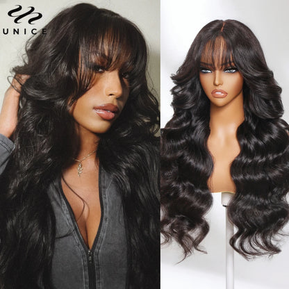 UNICE Hair Fluffy Loose Wave Wig With Curtain Bangs 7x5 Pre Cut Pre Bleached Glueless Wigs Human Hair Ready To Wear 180% Density