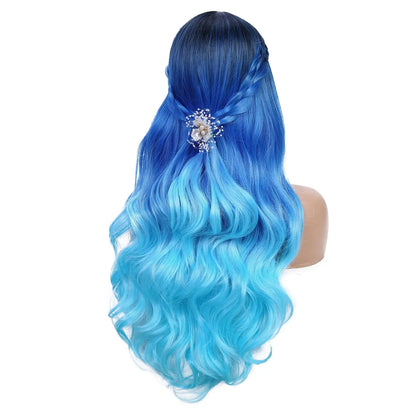 26 Inch Long Blue Wavy Wigs for Women Gradient Blue Body Wave Mermaid Hair Wigs Long Curly Synthetic Hair for Daily or Cosplay