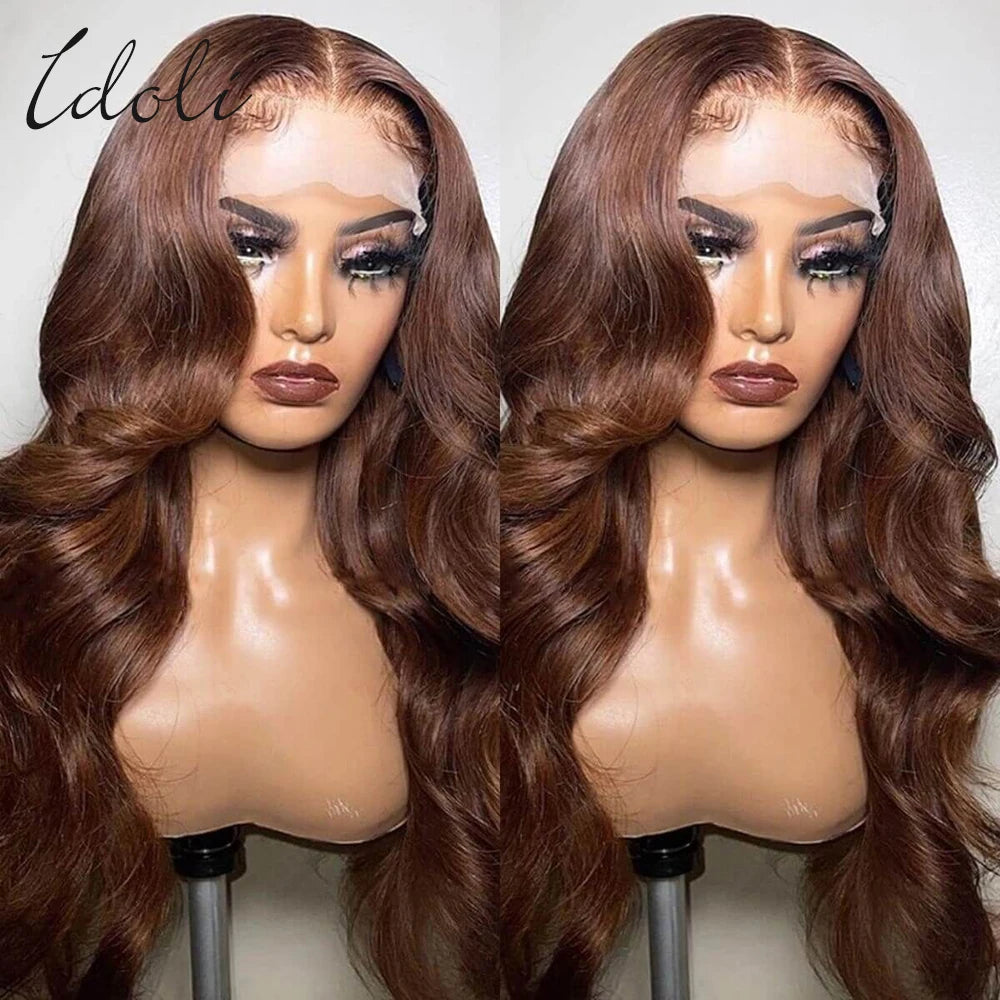 13x6 Chocolate Brown Body Wave Lace Front Wig Transparent Lace Frontal Wig Human Hair Preplucked Colored Human Hair Wigs 180%