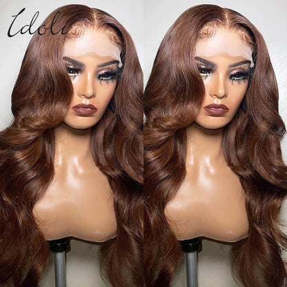 13x6 Chocolate Brown Body Wave Lace Front Wig Transparent Lace Frontal Wig Human Hair Preplucked Colored Human Hair Wigs 180%