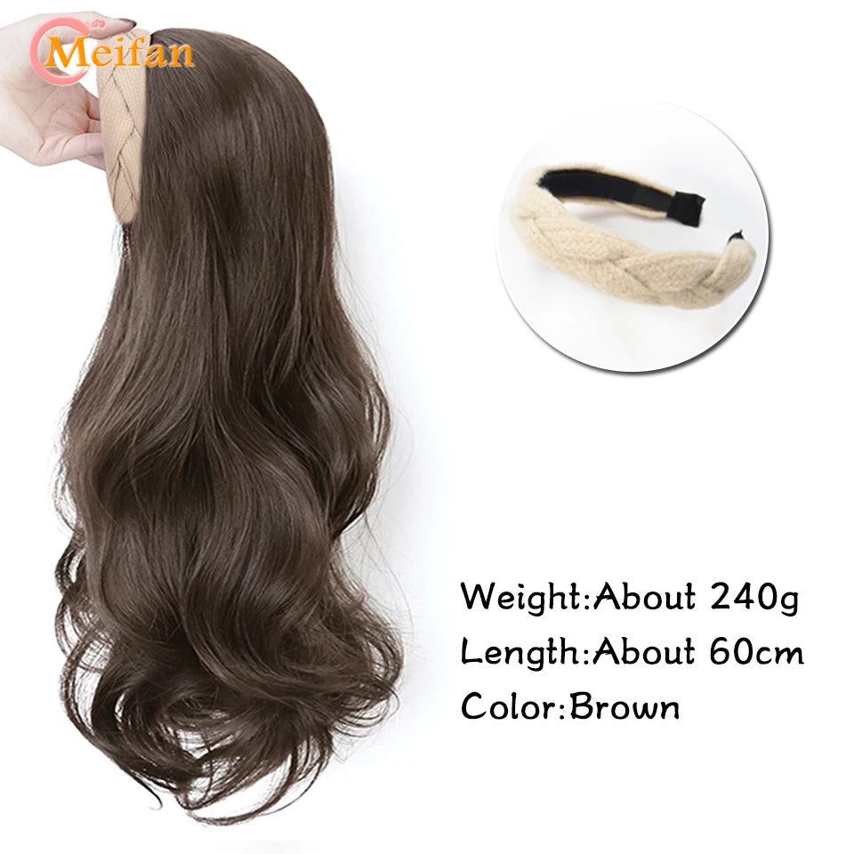 Long Wavy Blonde Headband Wig Synthetic Clip on Hair Extension U-Shaped Fake Hairpieces Natural False Half Wig for Women