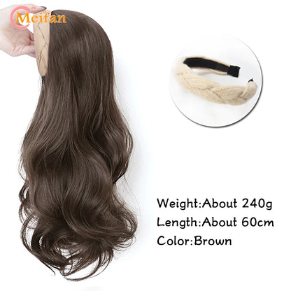 Long Wavy Blonde Headband Wig Synthetic Clip on Hair Extension U-Shaped Fake Hairpieces Natural False Half Wig for Women