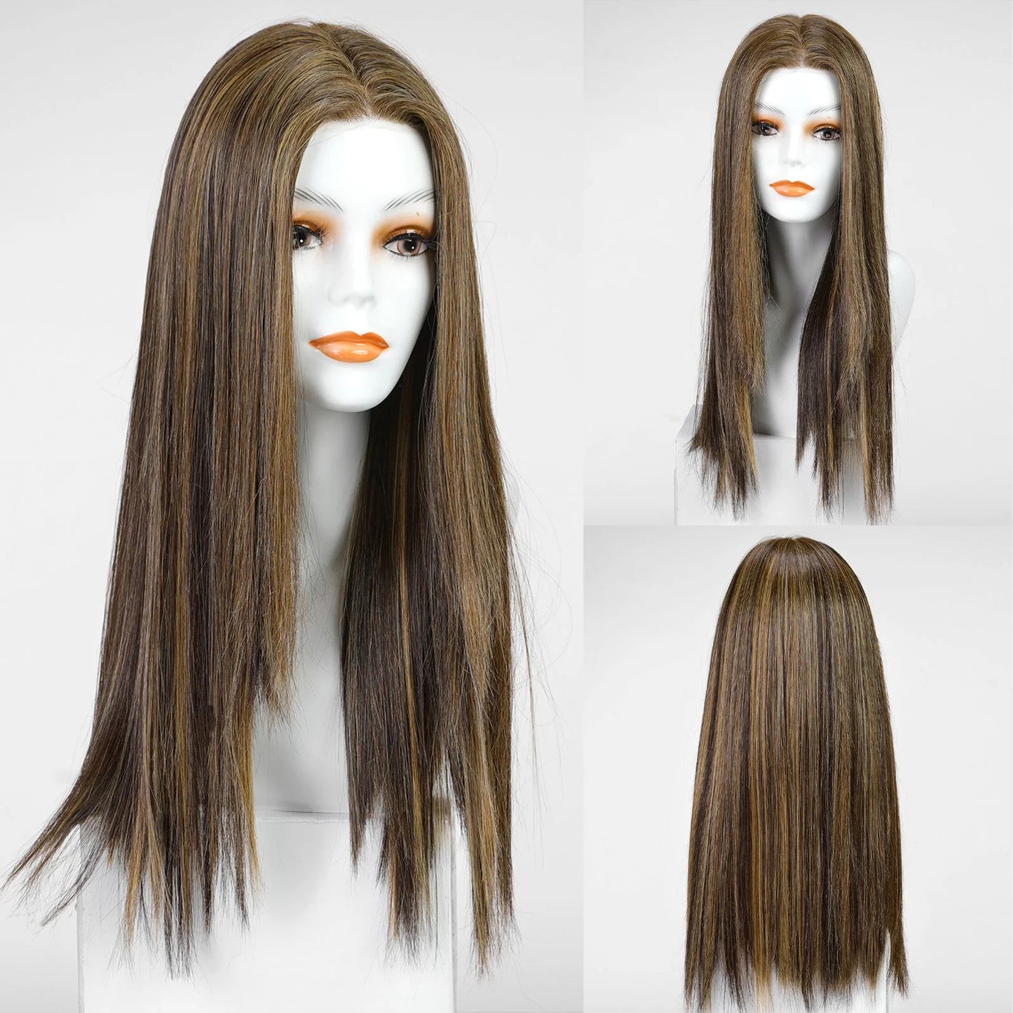 Long Wavy Curly Lace Front Synthetic Wigs for Women Brown With BLonde Highlights MONO Top Wigs Free Part Futura Wigs Glueless