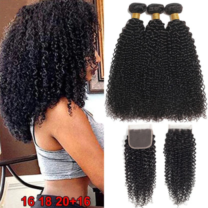 12A Malaysian Kinky Curly Bundles With Closure Virgin Human Hair Bundles With Closure Water Deep Wave 3 Bundles With Closure