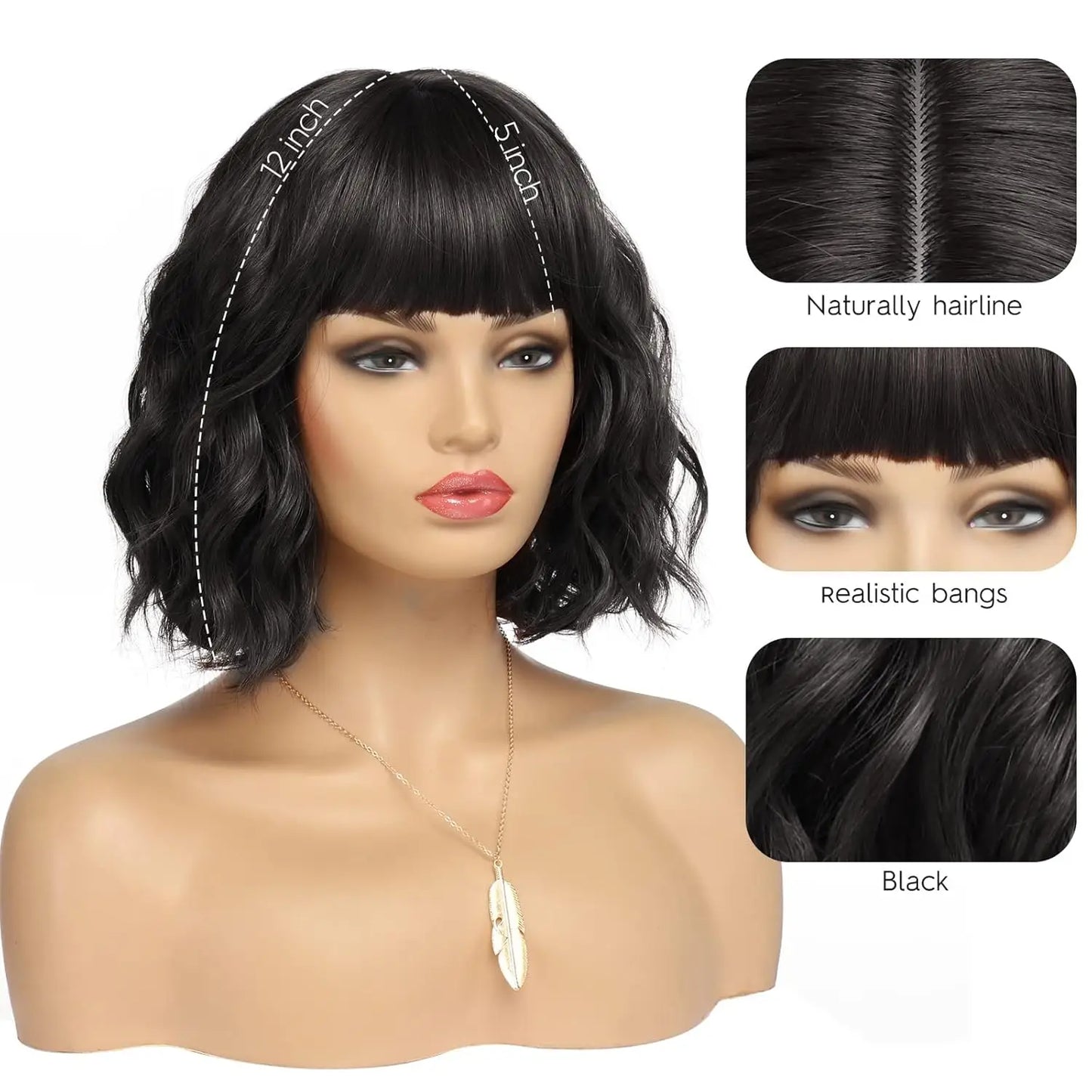 Synthetic Short Curly Bob Wig With Bangs for Women Wavy Shoulder Length Wig Short Water Wave Wig Daily Wear