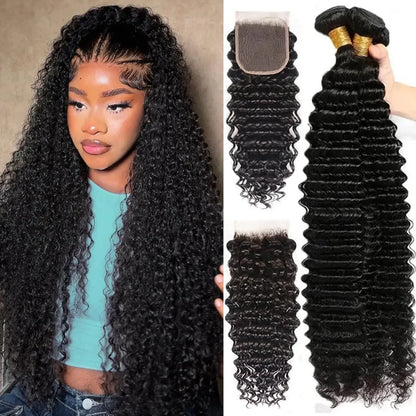 Deep Wave Bundles With Frontal Brazilian Virgin Human Hair 3 4Bundles Add 4x4 Lace Closure for Black Women Natural Color 30 inch