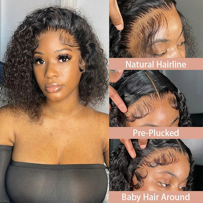 Brazilian Loose Deep Wave 13x4 Lace Frontal Wigs 200% Density Transparent Lace 4x4 Curly Short Bob Wig 100% Human Hair 14 Inch