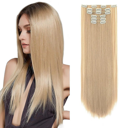 Synthetic Black Hair Extensions 24"/60cm 140g 6pcs/set Women Long Straight Full Head Clip 16 Clips  Ombre  Heat Resistant Fiber