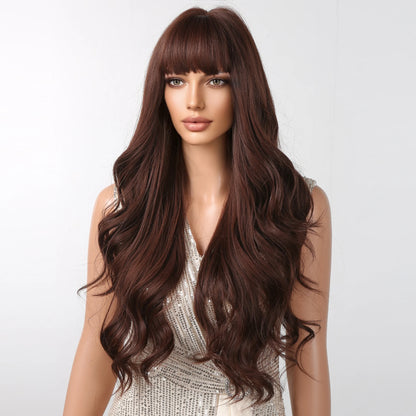 Long Wavy Synthetic Wigs for Women Red Brown Curly Fake Hair Wigs With Bangs Daily Use Party Heat Resistant Wavy Hair Wig