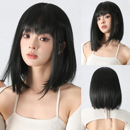 Short Straight Bob Synthetic Wigs Pink Natural Hair Wig with Bangs for Women Cosplay Cute Wig Heat Resistant Fiber