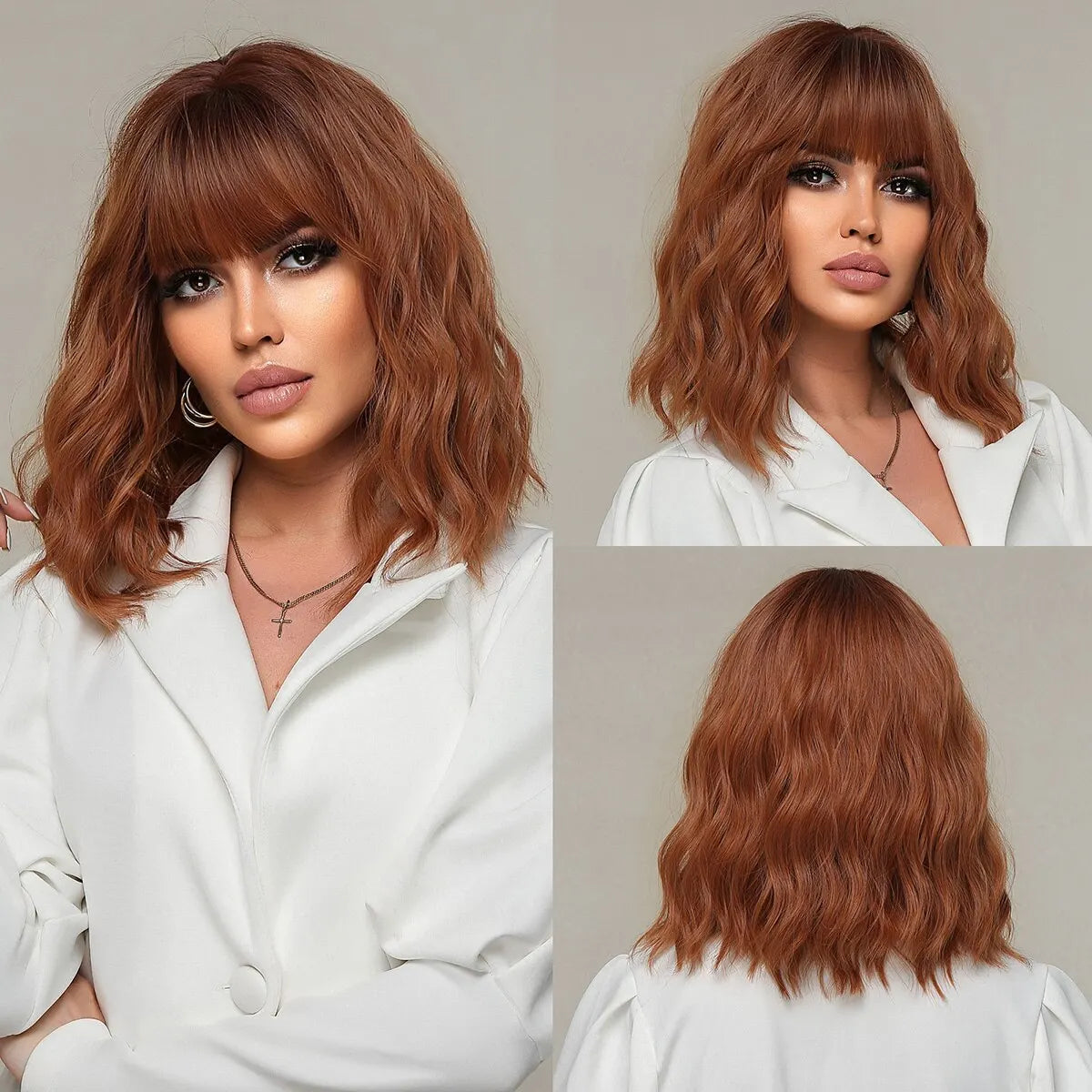 Women Grey Wavy Bob Wigs with Bangs Short Blonde Ombre Synthetic Wig With with Dark Roots Natural Hair for Daily Use