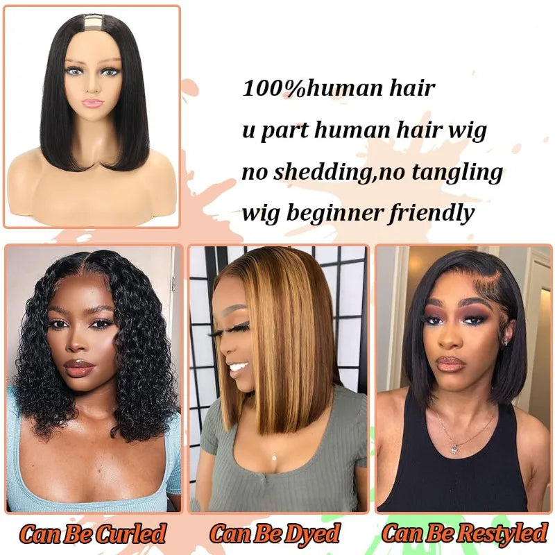 U-Part Straight Bob Wig 180% Brazilian Human Hair Natural Color ShortHigh Quality Length Full Coverage for Women