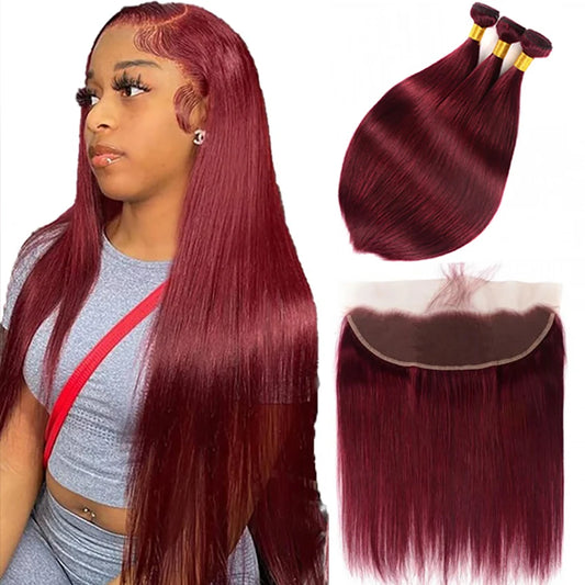 99J Burgundy Hair Bundles With Lace Frontal Wine Red Straight Human Hair 3 Bundles With 13×4  Lace Frontal with Baby Hair 12A
