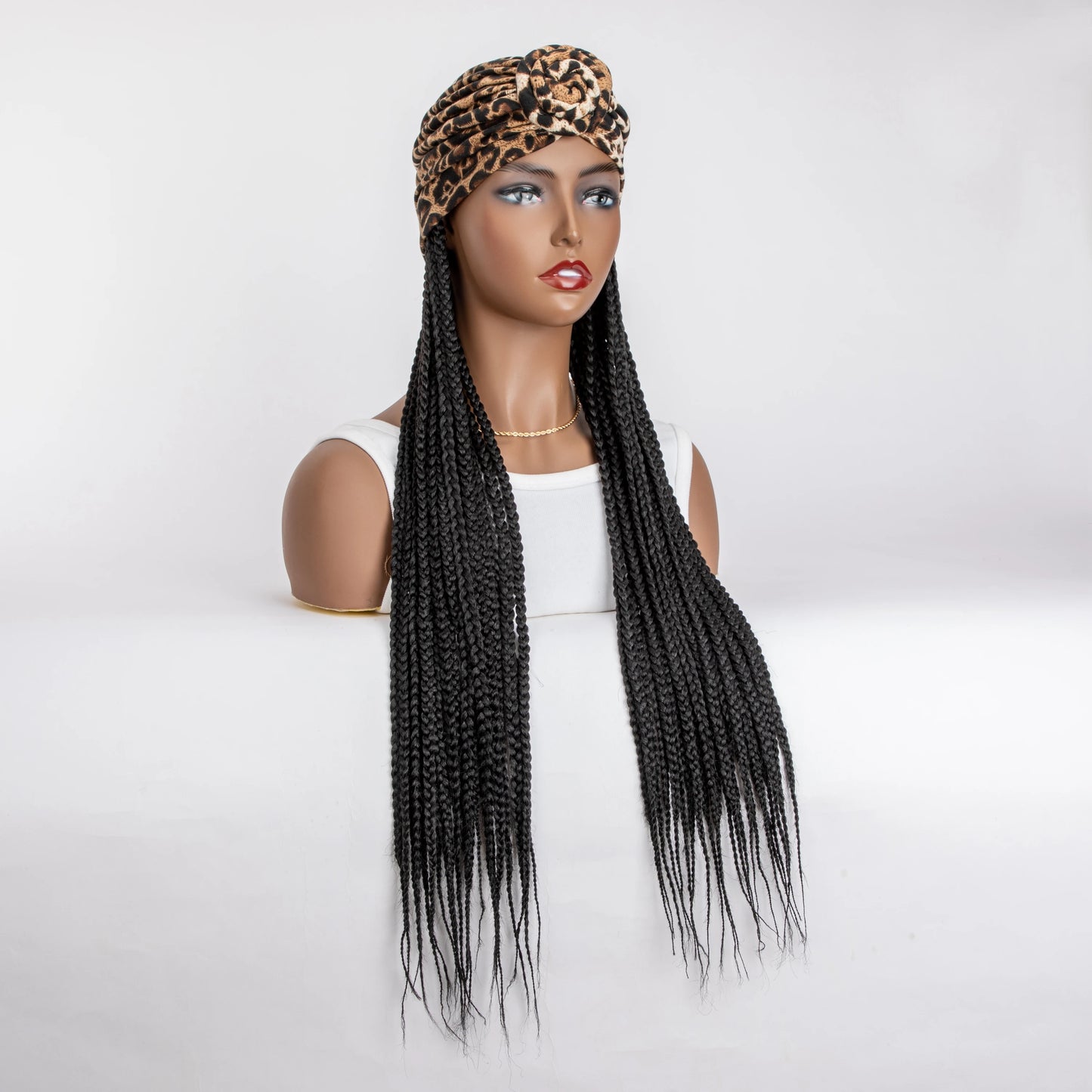 WIGERA Leopard Print Headband Long Braided Synthetic Wig With Turban Hat Box Braiding Hair Extensions Head Scarf  Easy Hairstyle