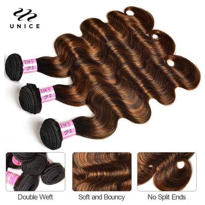 UNICE Brazilian Hair Bundles with Closure Body Wave 3 Bundles with Closure HoneyBlonde Highlight Human Hair Closure and Blundles