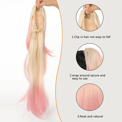 Ponytail Extensions 24 Inch Long Hair Extension Natural Wavy Drawstring Tail Synthetic Hairpiece for Women Daily Use party