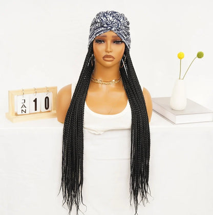 WIGERA Leopard Print Headband Long Braided Synthetic Wig With Turban Hat Box Braiding Hair Extensions Head Scarf  Easy Hairstyle