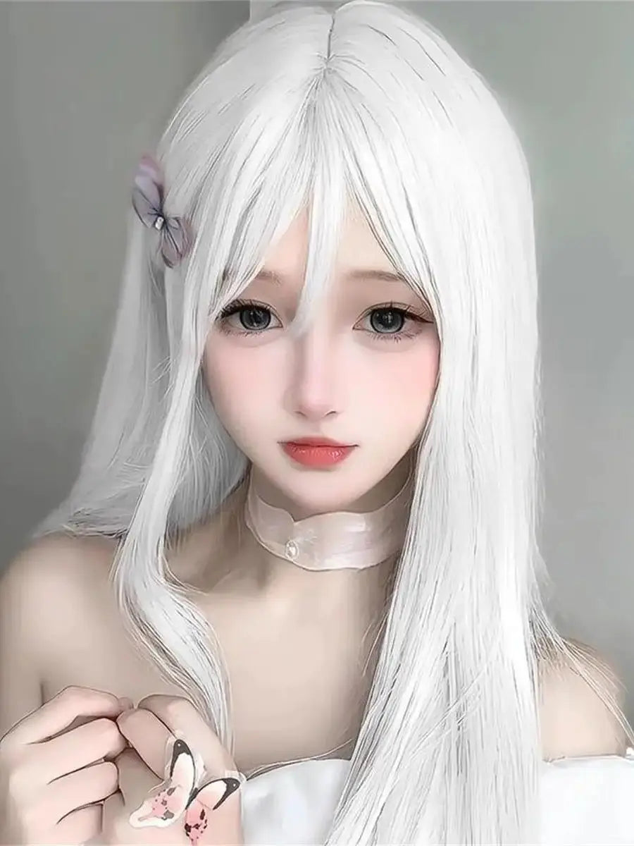 White long straight hair synthetic wig | high quality breathable inner mesh suitable for daily wear
