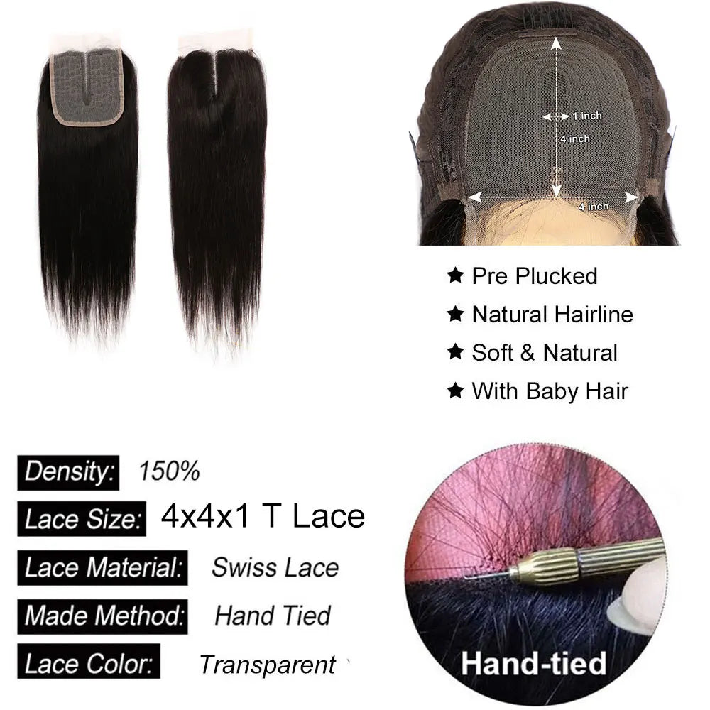 4x4 5x5 Lace Closure Straight Human Hair Top Lace Closure Preplucked Ear to Ear 13x4 Lace Frontal Transparent  Lace Closure