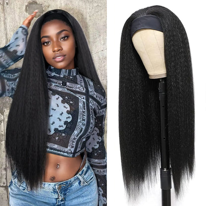 Kinky Straight Headband Synthetic Wig for Women Yaki Straight Wigs with Black Headband Hair Easy to Style No Lace Front No Glue