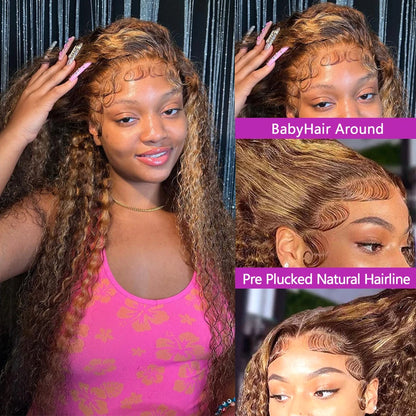 13x4 Hd Front Highlight Wig Brazilian Human Hair Curly Wigs Ombre Honey Blonde Colored Water Wave 30 Inch Deep Wave Frontal Wig