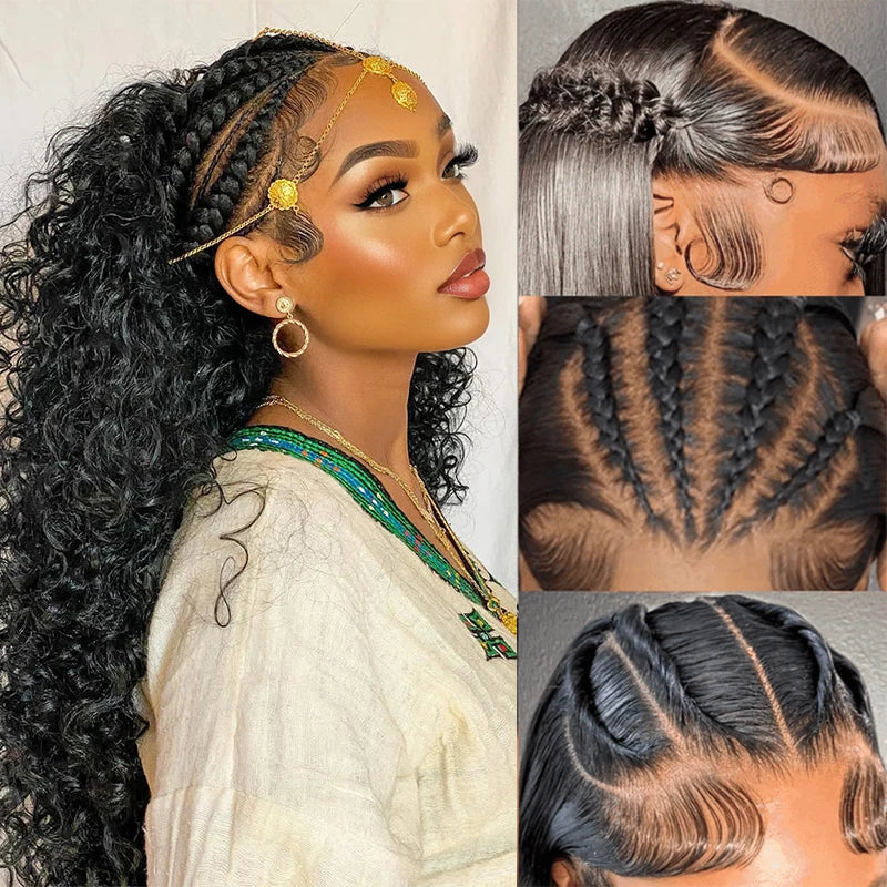 Loose Deep Wave Pre Braided Wigs 13x4 HD Lace Frontal Human Hair Curly Wigs 30 Inch boho braids human hair Water Wave Black Wigs
