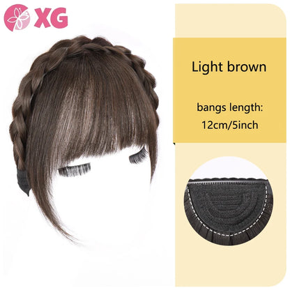 A Headband with Three-Strand Braids And a Twisted Braid Along with a 4-Inch Black And Brown Wig with Bangs