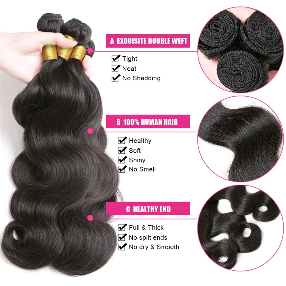 Closure With Bundles 100% Human Hair Body Wave Extensions Frontal 13x4 Lace Closure Peruvian Hair Thick And Smooth Black Color