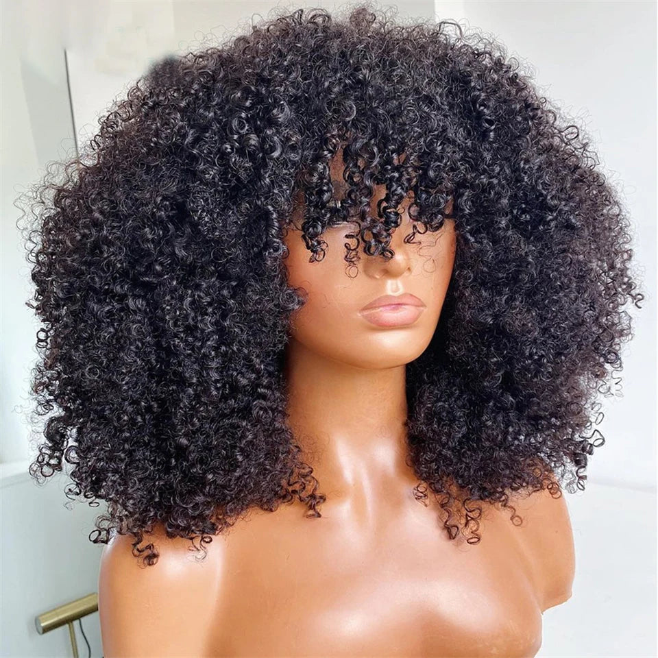 Mongolian Afro Kinky Curly Human Hair Wigs with Bangs Wear to go Glueless Wig Remy Brazilian Short Curly Bangs Wig Human Hair
