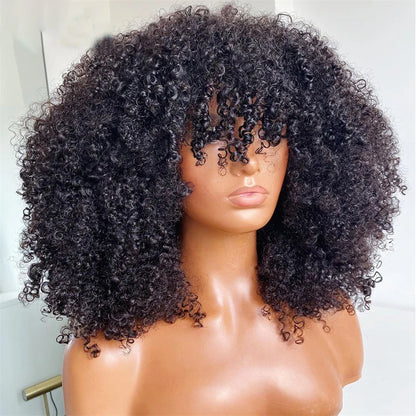 Mongolian Afro Kinky Curly Human Hair Wigs with Bangs Wear to go Glueless Wig Remy Brazilian Short Curly Bangs Wig Human Hair