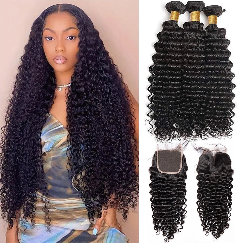 Deep Wave Bundles With Frontal Wet and Wavy Water Wave Human Hair Bundles With Closure Remy Hair Weave Extensions HD Transparent