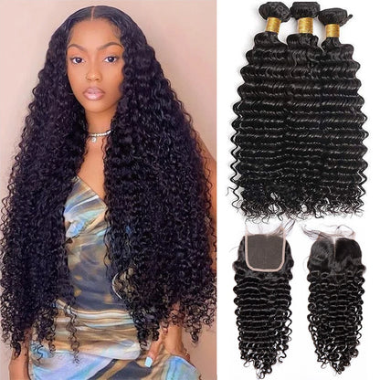 Deep Wave Bundles With Frontal Wet and Wavy Water Wave Human Hair Bundles With Closure Remy Hair Weave Extensions HD Transparent