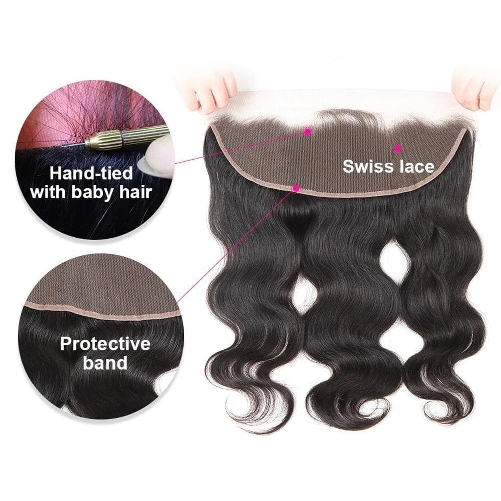 Closure With Bundles 100% Human Hair Body Wave Extensions Frontal 13x4 Lace Closure Peruvian Hair Thick And Smooth Black Color