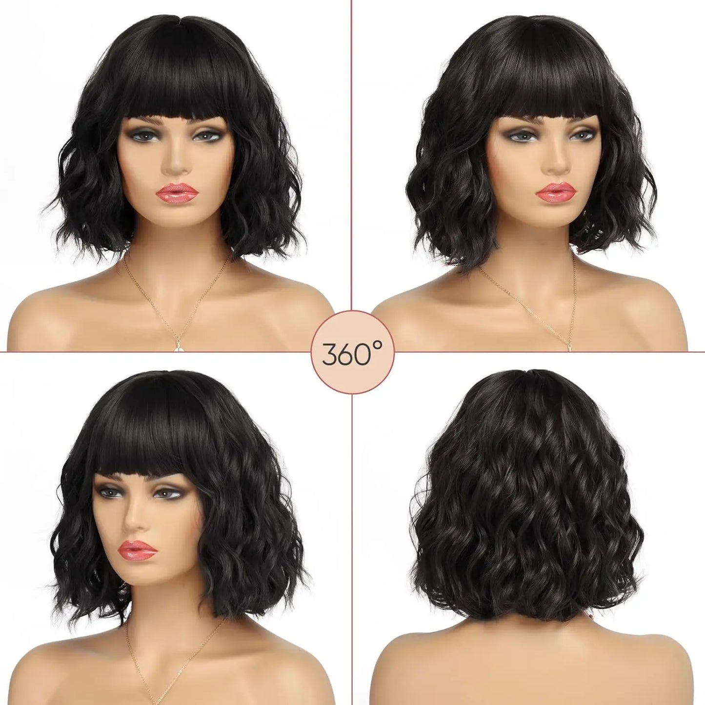 Synthetic Short Curly Bob Wig With Bangs for Women Wavy Shoulder Length Wig Short Water Wave Wig Daily Wear