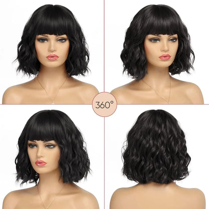 Synthetic Short Curly Bob Wig With Bangs for Women Wavy Shoulder Length Wig Short Water Wave Wig Daily Wear
