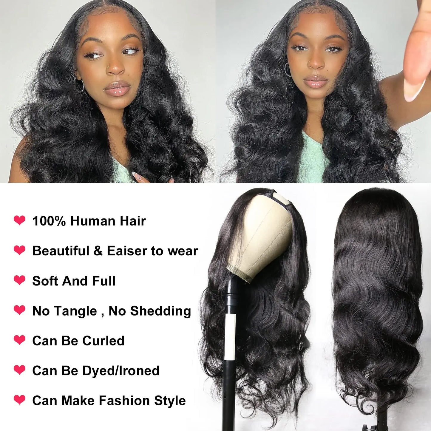 U Part Human Hair Wig Body Wave 250% Density U Part Wig Brazilian Virgin Human Hair Wig for Women 10A Full Head Clip in Half Wig