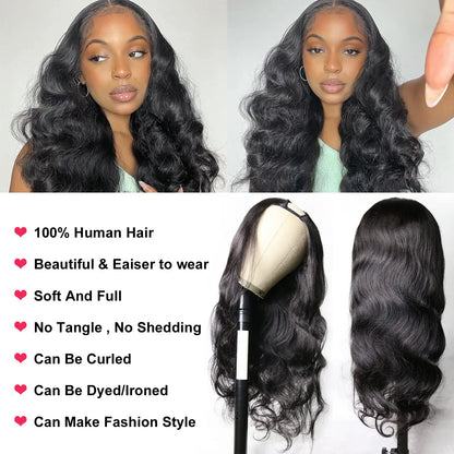 U Part Human Hair Wig Body Wave 250% Density U Part Wig Brazilian Virgin Human Hair Wig for Women 10A Full Head Clip in Half Wig