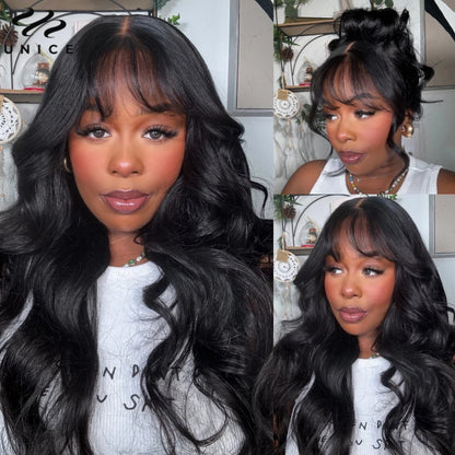UNICE Hair Fluffy Loose Wave Wig With Curtain Bangs 7x5 Pre Cut Pre Bleached Glueless Wigs Human Hair Ready To Wear 180% Density